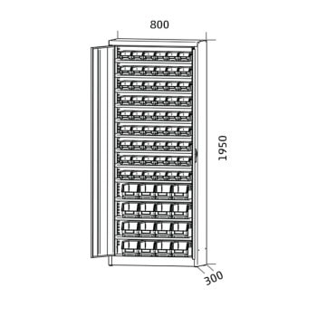 Material cupboard with containers 195x80x30 cm 54+16 containers ss801s12pp ral7035 drawing