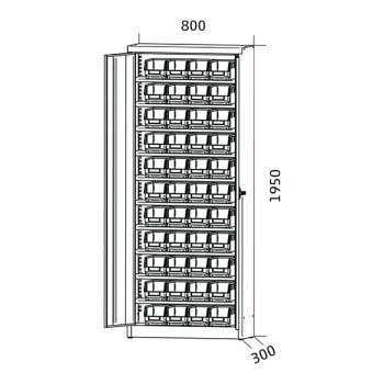 Materialschrank mit sichtlagerkaesten 195x80x30 cm 24+16 kaesten ss801s10pp ral7035 zeichnung