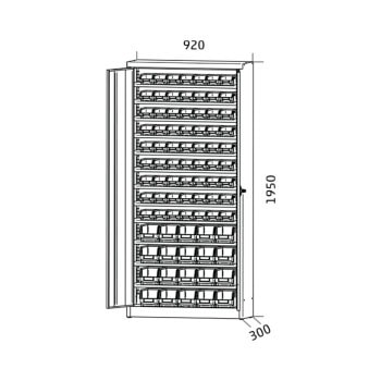 Material cupboard with visible storage boxes 195x92x30 cm 36+20 boxes ss921s12pp ral7035 drawing