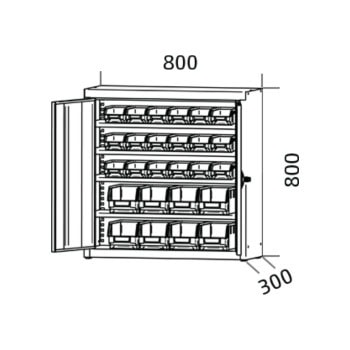 Materialschrank mit sichtlagerkaesten 80x80x30 cm 18+8 kaesten ss804s4pp ral7035 zeichnung