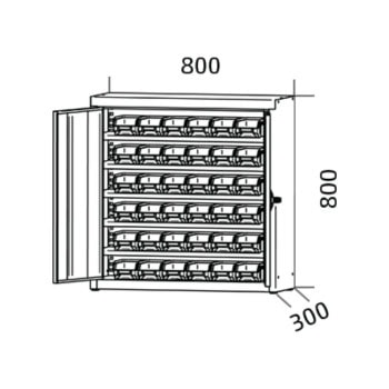 Material cupboard with visible storage boxes 80x80x30 cm 36 boxes ss804s5pp ral7035 drawing