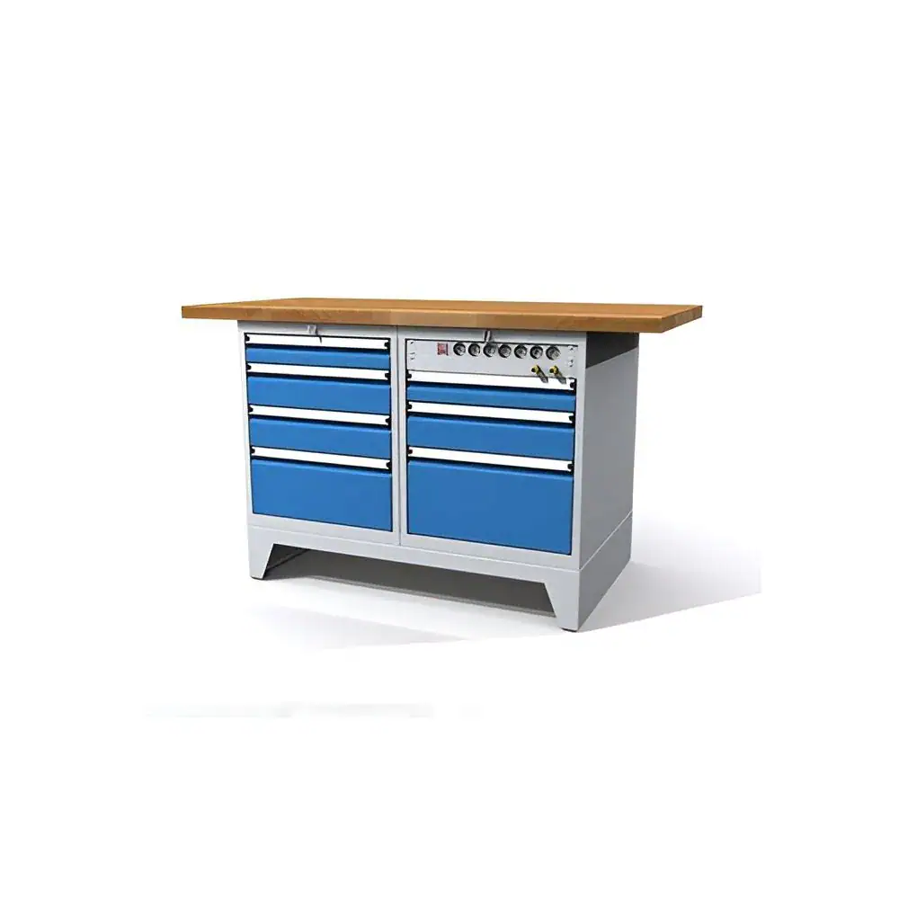 box-type workbench 880x1500x700 mm book plate 2 drawer cabinets 7 drawers central locking dpf15013u4au3kevH ral7035 5012