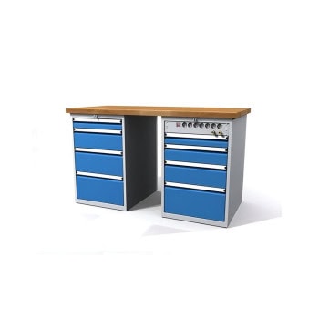 professional workbench 880x1500x700 mm beech 2 drawer units socket strip DPA15017U4U4KEVH 7035 5012