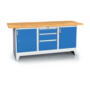 system workbench 880x2000x700 mm beech top 3 drawer cabinets 2 doors light grey customisable dpf20013u1du3au1d ral7035 5012 1